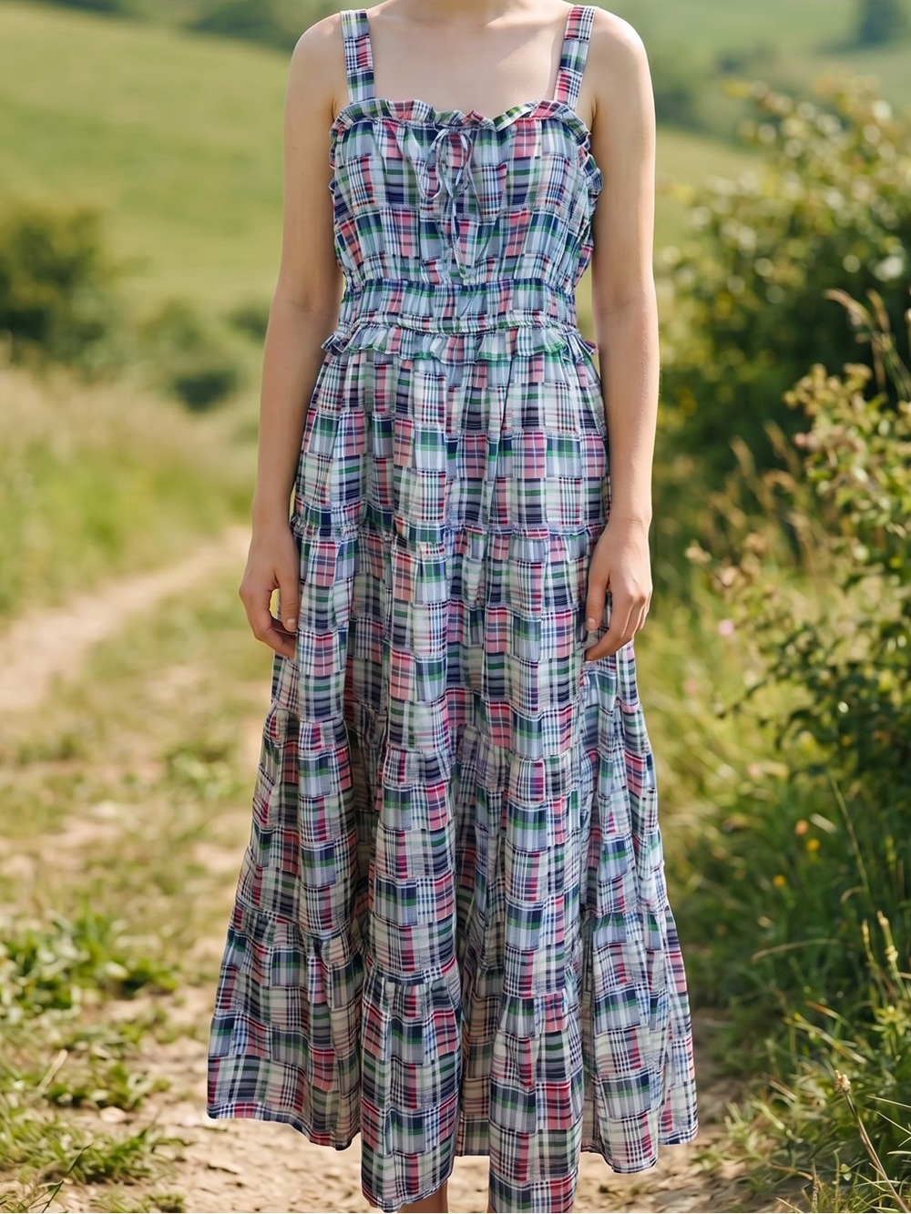 Nautica Sundress Pink Blue Green Plaid Smocked Maxi Dress Myrtle Beach Medium